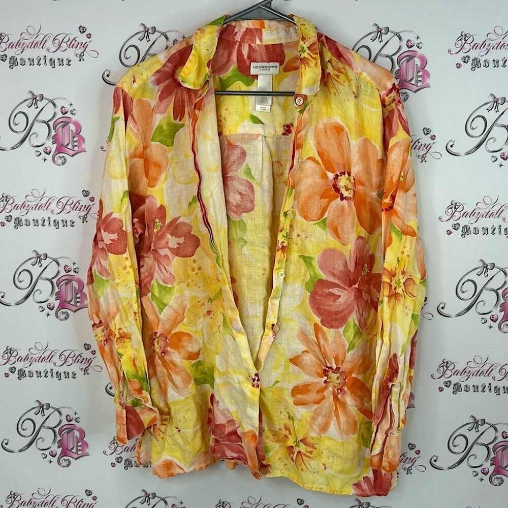 Liz Claiborne button down long sleeve flowers Orange and Yellow Floral Shirt